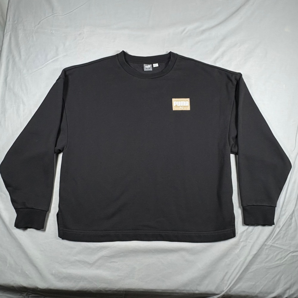 Puma Boxy Crewneck Sweatshirt Womens Large Black Fleece Pullover Logo Patch